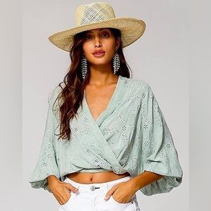 Young Fabulous & Broke Balloon Sleeve Mint Green Eyelet Wrap Top